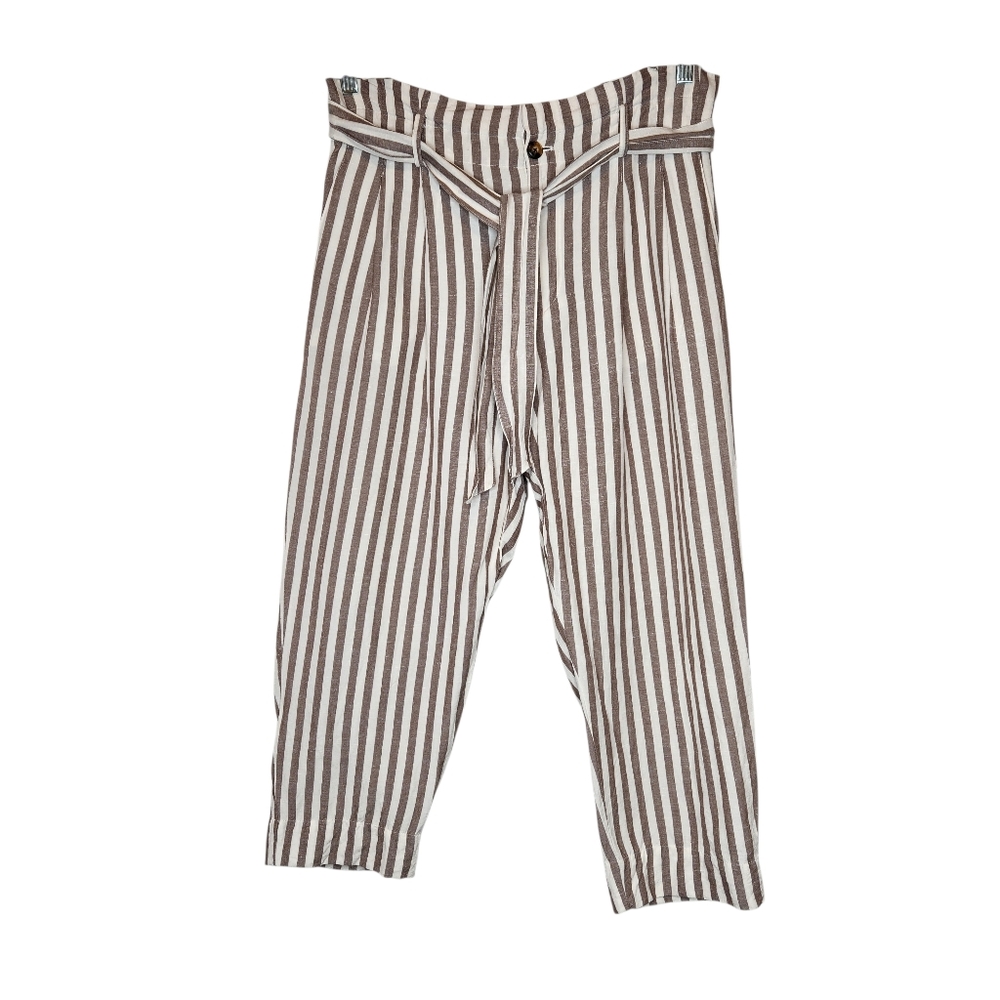 Madewell Striped Linen Blend Paper Bag Waist Belted Pants Size 12